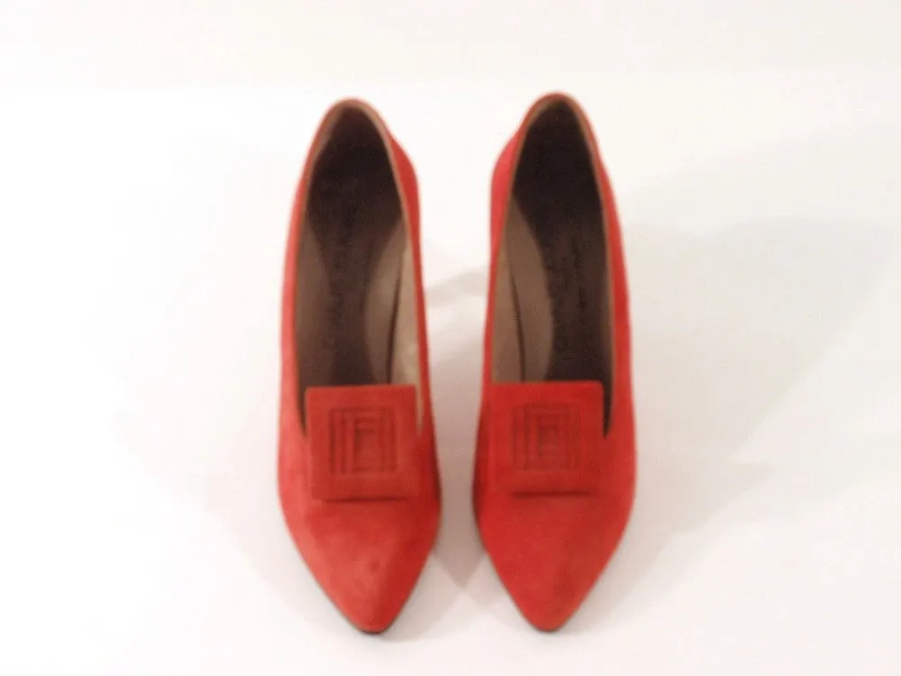 CHARLES JOURDAN Paris Red-Orange Suede Heels Size 7 1/2