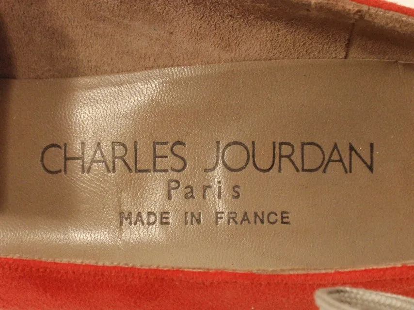 CHARLES JOURDAN Paris Red-Orange Suede Heels Size 7 1/2
