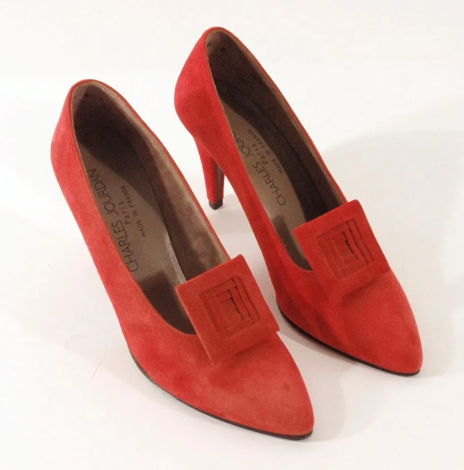 CHARLES JOURDAN Paris Red-Orange Suede Heels Size 7 1/2