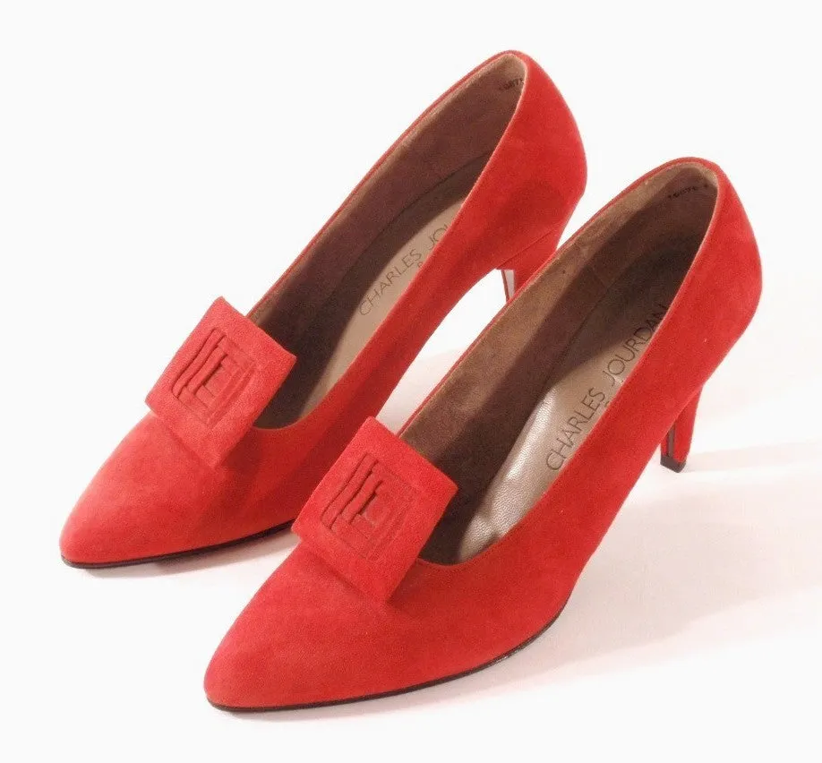 CHARLES JOURDAN Paris Red-Orange Suede Heels Size 7 1/2