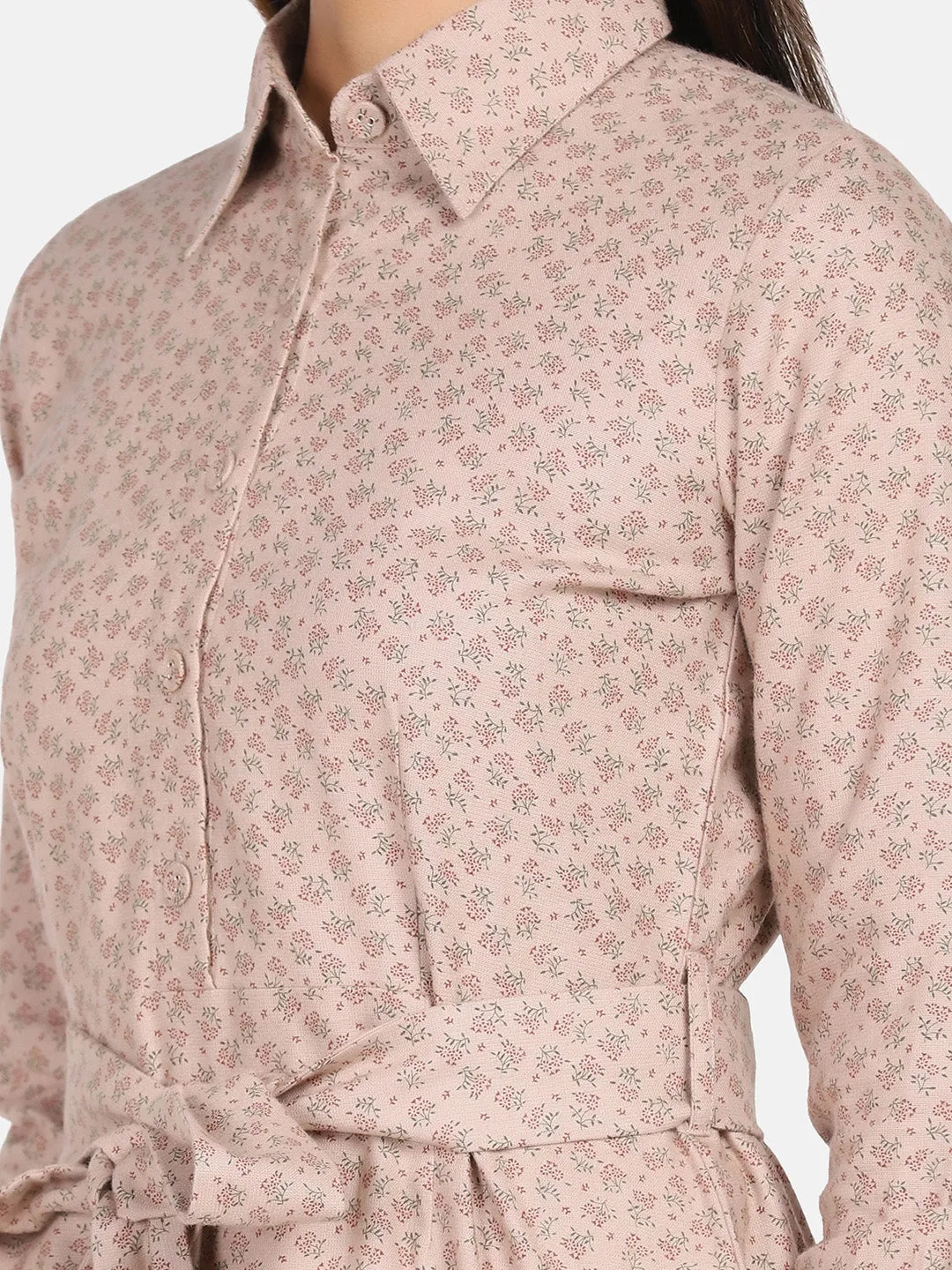 Cotton Printed Shirt Dress - Beige