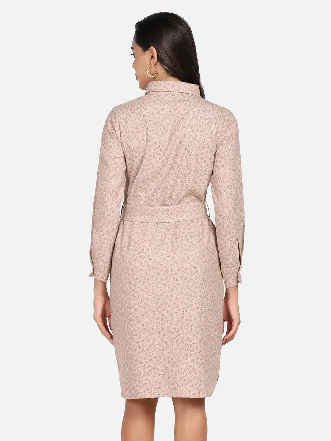 Cotton Printed Shirt Dress - Beige