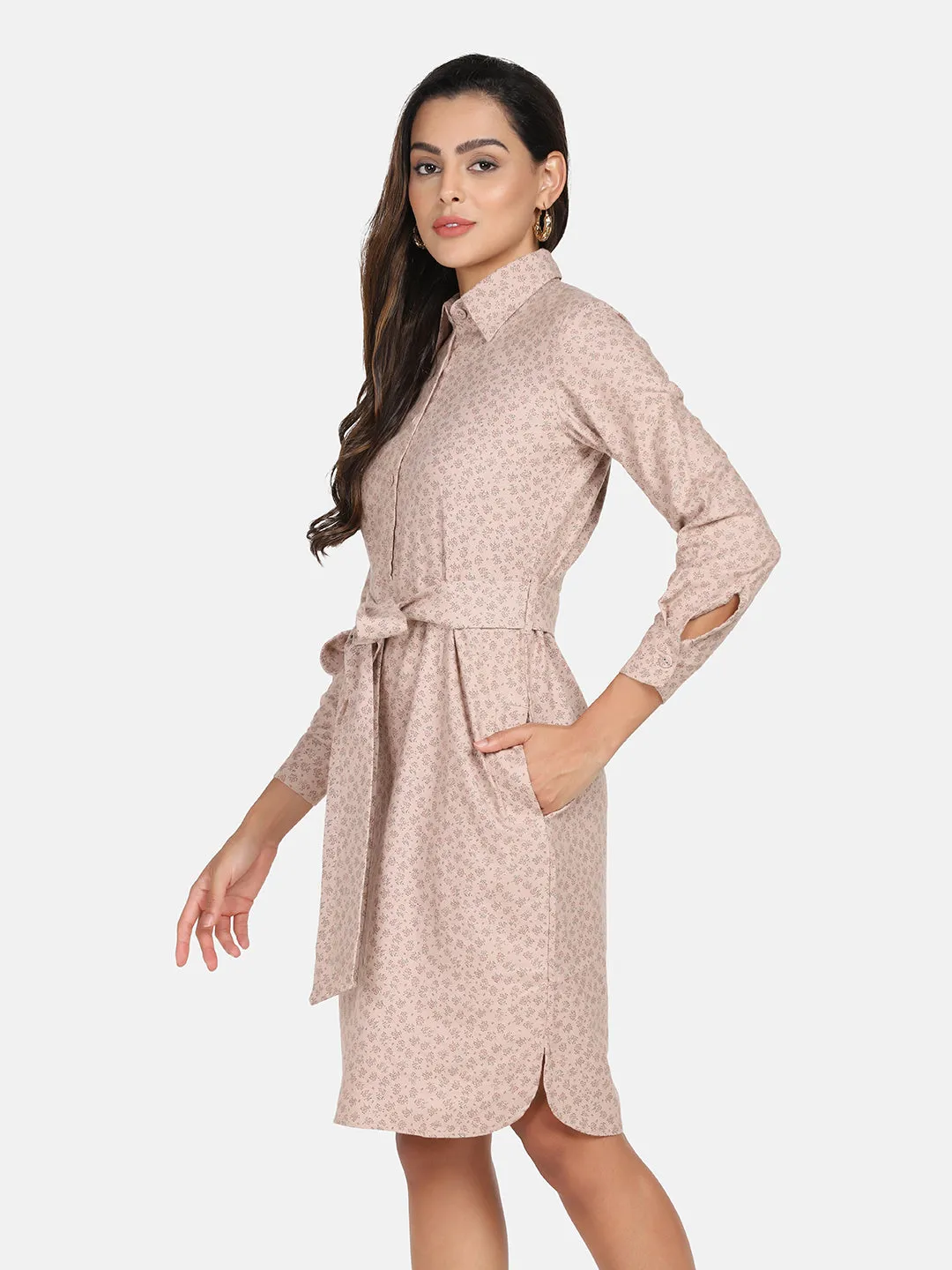 Cotton Printed Shirt Dress - Beige