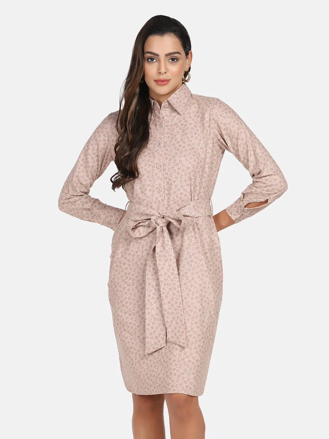 Cotton Printed Shirt Dress - Beige